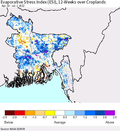 Bangladesh Evaporative Stress Index (ESI), 12-Weeks over Croplands Thematic Map For 6/27/2022 - 7/3/2022
