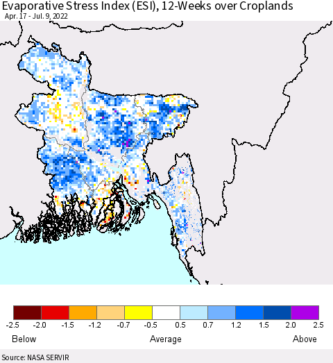 Bangladesh Evaporative Stress Index (ESI), 12-Weeks over Croplands Thematic Map For 7/4/2022 - 7/10/2022