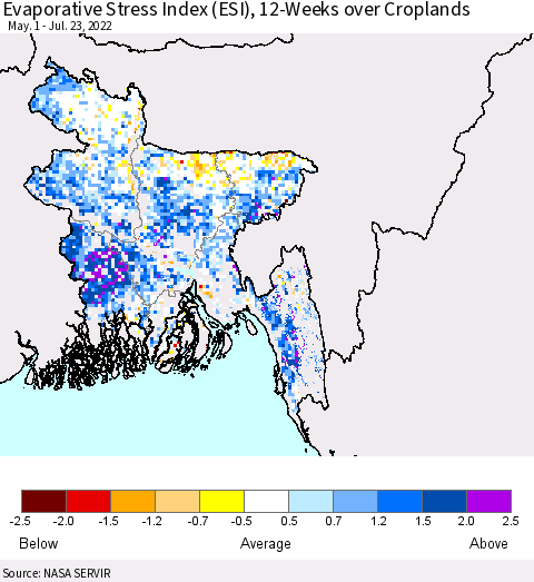 Bangladesh Evaporative Stress Index (ESI), 12-Weeks over Croplands Thematic Map For 7/18/2022 - 7/24/2022