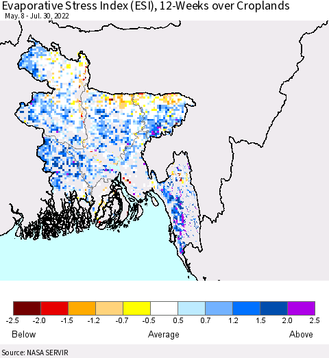 Bangladesh Evaporative Stress Index (ESI), 12-Weeks over Croplands Thematic Map For 7/25/2022 - 7/31/2022