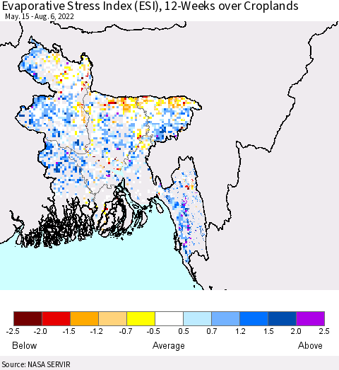 Bangladesh Evaporative Stress Index (ESI), 12-Weeks over Croplands Thematic Map For 8/1/2022 - 8/7/2022