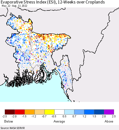 Bangladesh Evaporative Stress Index (ESI), 12-Weeks over Croplands Thematic Map For 8/8/2022 - 8/14/2022