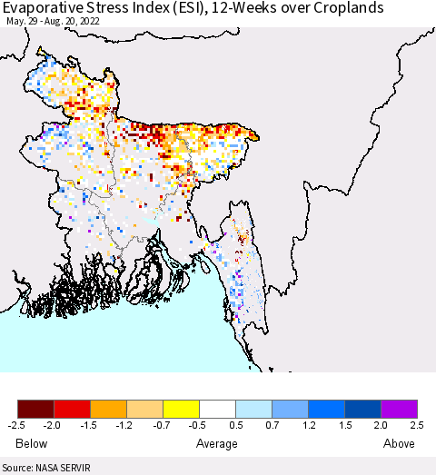 Bangladesh Evaporative Stress Index (ESI), 12-Weeks over Croplands Thematic Map For 8/15/2022 - 8/21/2022