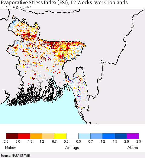 Bangladesh Evaporative Stress Index (ESI), 12-Weeks over Croplands Thematic Map For 8/22/2022 - 8/28/2022