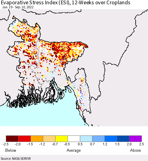 Bangladesh Evaporative Stress Index (ESI), 12-Weeks over Croplands Thematic Map For 9/5/2022 - 9/11/2022