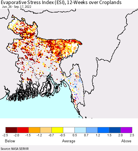 Bangladesh Evaporative Stress Index (ESI), 12-Weeks over Croplands Thematic Map For 9/12/2022 - 9/18/2022