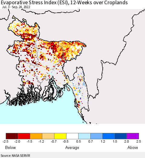 Bangladesh Evaporative Stress Index (ESI), 12-Weeks over Croplands Thematic Map For 9/19/2022 - 9/25/2022