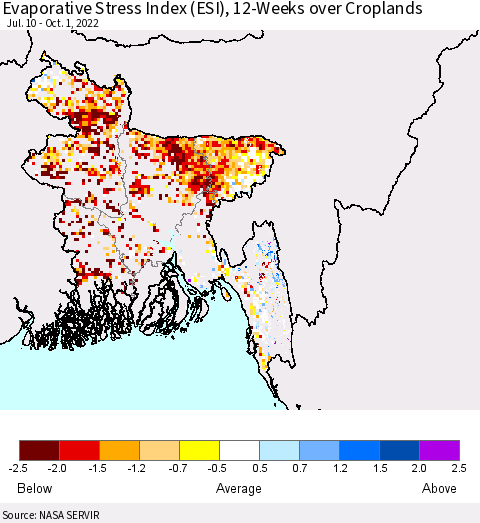 Bangladesh Evaporative Stress Index (ESI), 12-Weeks over Croplands Thematic Map For 9/26/2022 - 10/2/2022