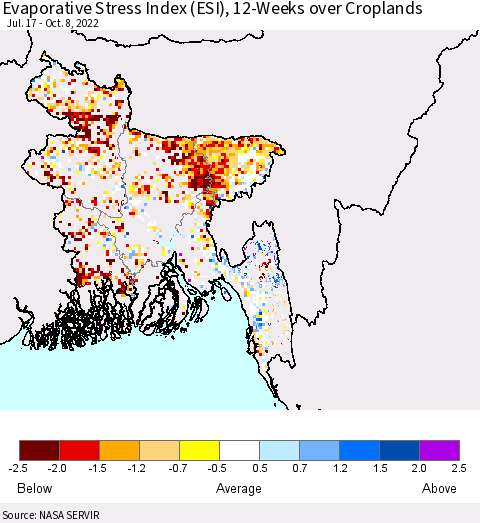 Bangladesh Evaporative Stress Index (ESI), 12-Weeks over Croplands Thematic Map For 10/3/2022 - 10/9/2022