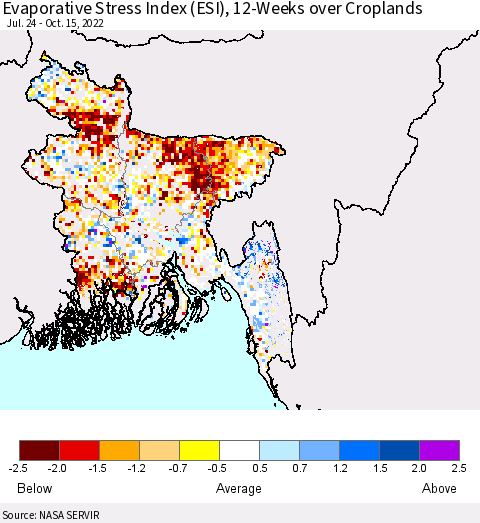 Bangladesh Evaporative Stress Index (ESI), 12-Weeks over Croplands Thematic Map For 10/10/2022 - 10/16/2022