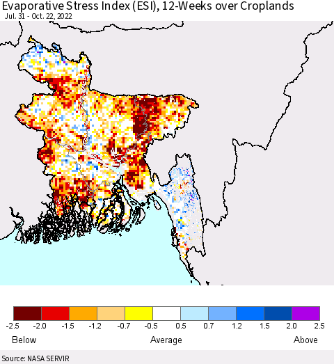 Bangladesh Evaporative Stress Index (ESI), 12-Weeks over Croplands Thematic Map For 10/17/2022 - 10/23/2022