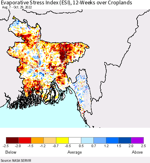 Bangladesh Evaporative Stress Index (ESI), 12-Weeks over Croplands Thematic Map For 10/24/2022 - 10/30/2022
