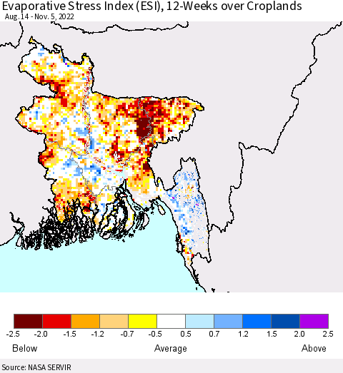 Bangladesh Evaporative Stress Index (ESI), 12-Weeks over Croplands Thematic Map For 10/31/2022 - 11/6/2022