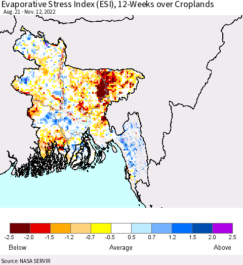 Bangladesh Evaporative Stress Index (ESI), 12-Weeks over Croplands Thematic Map For 11/7/2022 - 11/13/2022