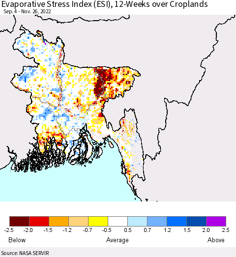 Bangladesh Evaporative Stress Index (ESI), 12-Weeks over Croplands Thematic Map For 11/21/2022 - 11/27/2022