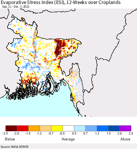 Bangladesh Evaporative Stress Index (ESI), 12-Weeks over Croplands Thematic Map For 11/28/2022 - 12/4/2022