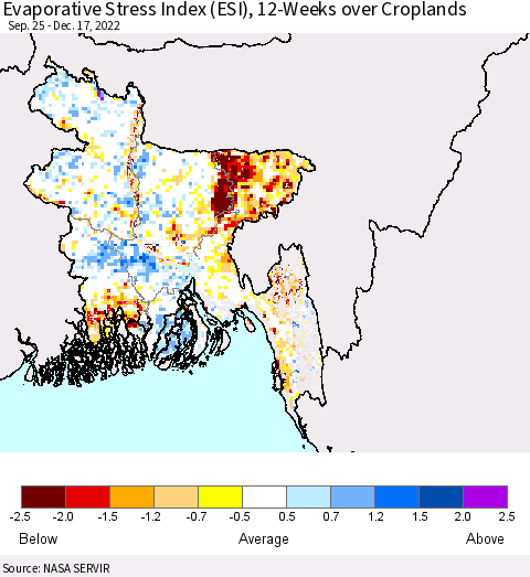 Bangladesh Evaporative Stress Index (ESI), 12-Weeks over Croplands Thematic Map For 12/12/2022 - 12/18/2022