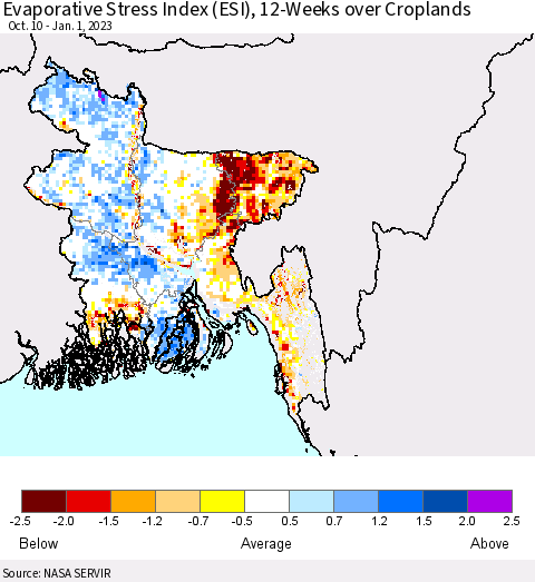 Bangladesh Evaporative Stress Index (ESI), 12-Weeks over Croplands Thematic Map For 12/26/2022 - 1/1/2023