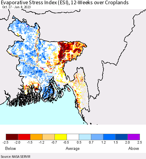 Bangladesh Evaporative Stress Index (ESI), 12-Weeks over Croplands Thematic Map For 1/2/2023 - 1/8/2023