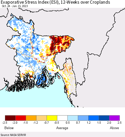 Bangladesh Evaporative Stress Index (ESI), 12-Weeks over Croplands Thematic Map For 1/9/2023 - 1/15/2023