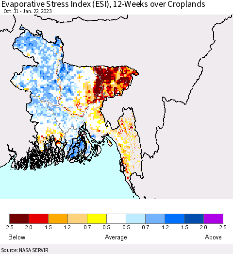 Bangladesh Evaporative Stress Index (ESI), 12-Weeks over Croplands Thematic Map For 1/16/2023 - 1/22/2023