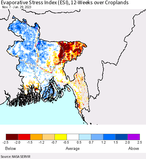 Bangladesh Evaporative Stress Index (ESI), 12-Weeks over Croplands Thematic Map For 1/23/2023 - 1/29/2023