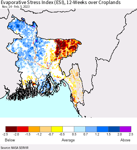 Bangladesh Evaporative Stress Index (ESI), 12-Weeks over Croplands Thematic Map For 1/30/2023 - 2/5/2023