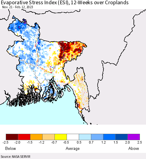 Bangladesh Evaporative Stress Index (ESI), 12-Weeks over Croplands Thematic Map For 2/6/2023 - 2/12/2023