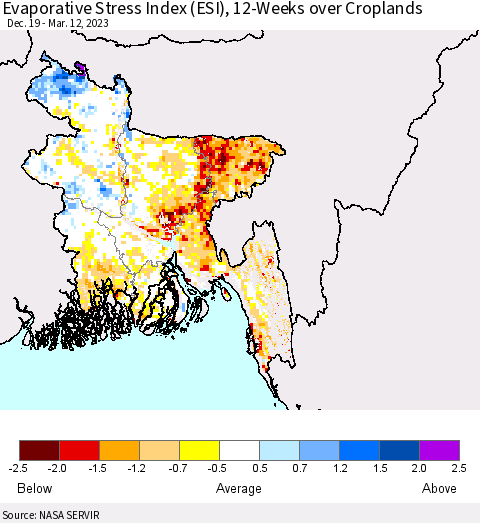 Bangladesh Evaporative Stress Index (ESI), 12-Weeks over Croplands Thematic Map For 3/6/2023 - 3/12/2023