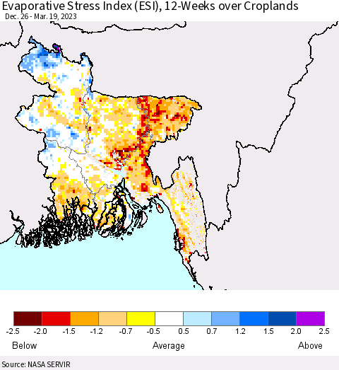 Bangladesh Evaporative Stress Index (ESI), 12-Weeks over Croplands Thematic Map For 3/13/2023 - 3/19/2023