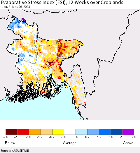 Bangladesh Evaporative Stress Index (ESI), 12-Weeks over Croplands Thematic Map For 3/20/2023 - 3/26/2023