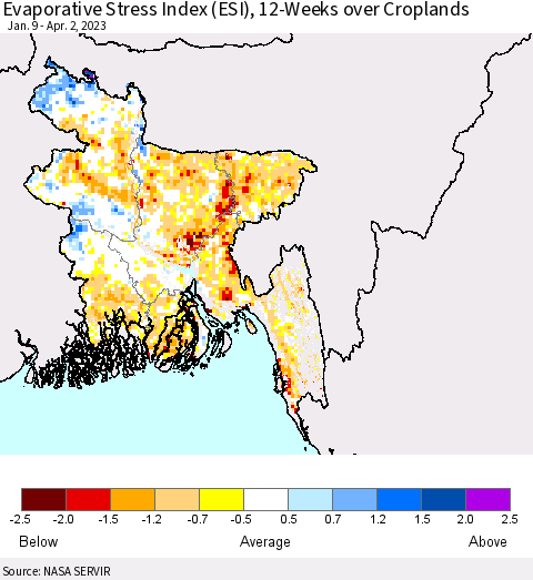 Bangladesh Evaporative Stress Index (ESI), 12-Weeks over Croplands Thematic Map For 3/27/2023 - 4/2/2023