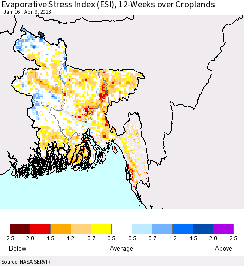 Bangladesh Evaporative Stress Index (ESI), 12-Weeks over Croplands Thematic Map For 4/3/2023 - 4/9/2023