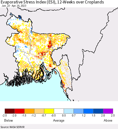 Bangladesh Evaporative Stress Index (ESI), 12-Weeks over Croplands Thematic Map For 4/10/2023 - 4/16/2023