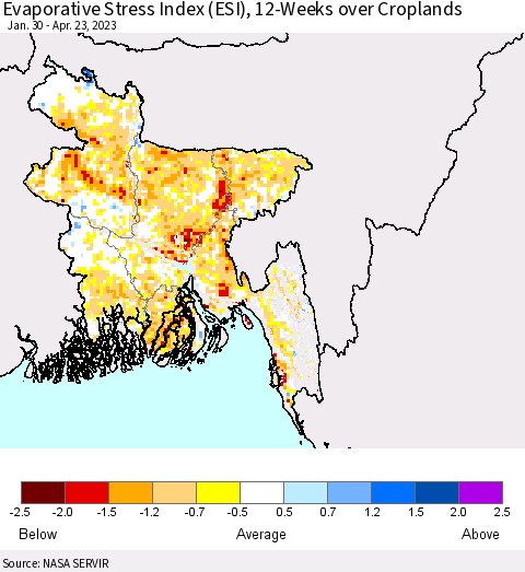 Bangladesh Evaporative Stress Index (ESI), 12-Weeks over Croplands Thematic Map For 4/17/2023 - 4/23/2023