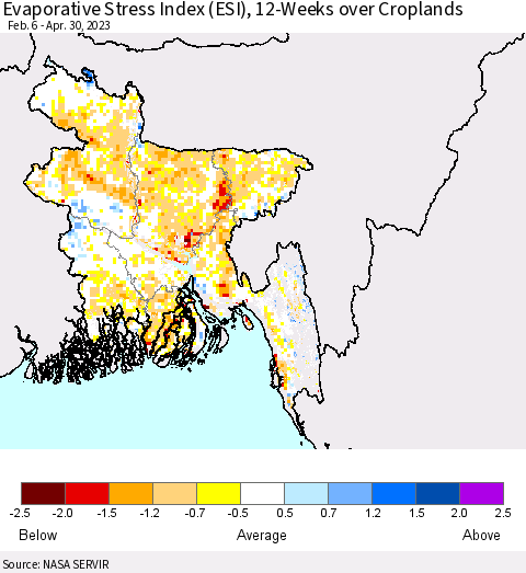 Bangladesh Evaporative Stress Index (ESI), 12-Weeks over Croplands Thematic Map For 4/24/2023 - 4/30/2023