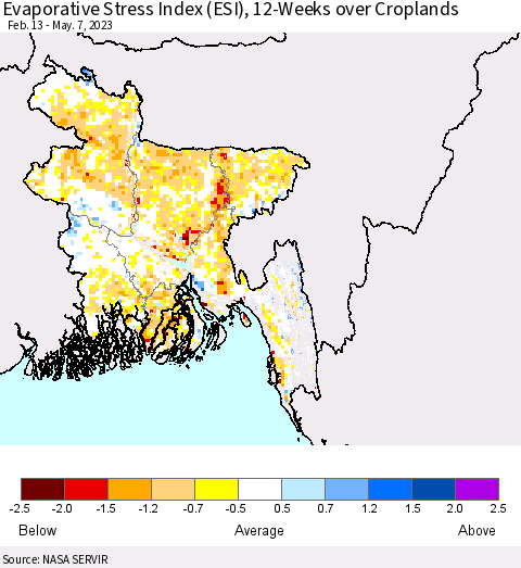 Bangladesh Evaporative Stress Index (ESI), 12-Weeks over Croplands Thematic Map For 5/1/2023 - 5/7/2023