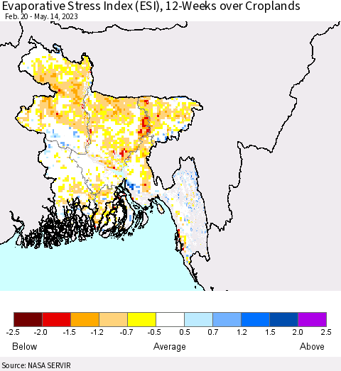 Bangladesh Evaporative Stress Index (ESI), 12-Weeks over Croplands Thematic Map For 5/8/2023 - 5/14/2023