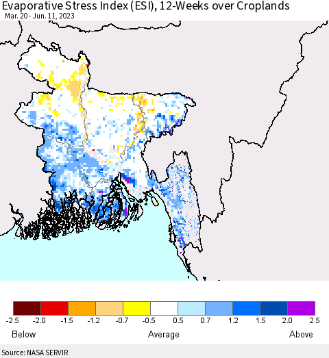 Bangladesh Evaporative Stress Index (ESI), 12-Weeks over Croplands Thematic Map For 6/5/2023 - 6/11/2023