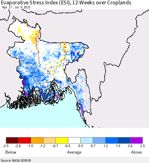 Bangladesh Evaporative Stress Index (ESI), 12-Weeks over Croplands Thematic Map For 7/3/2023 - 7/9/2023