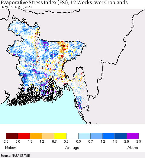 Bangladesh Evaporative Stress Index (ESI), 12-Weeks over Croplands Thematic Map For 7/31/2023 - 8/6/2023