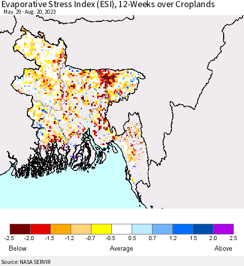 Bangladesh Evaporative Stress Index (ESI), 12-Weeks over Croplands Thematic Map For 8/14/2023 - 8/20/2023