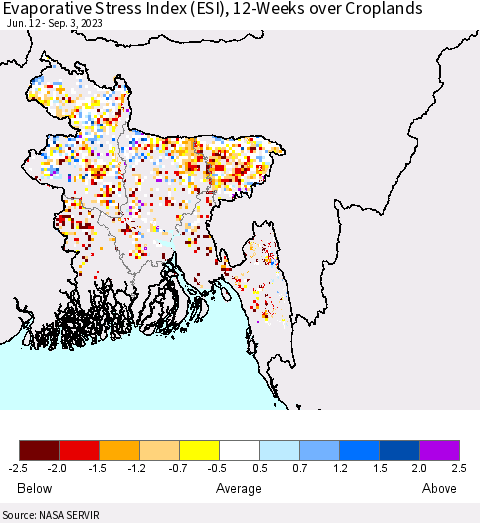 Bangladesh Evaporative Stress Index (ESI), 12-Weeks over Croplands Thematic Map For 8/28/2023 - 9/3/2023