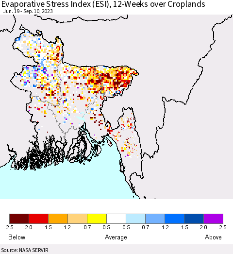 Bangladesh Evaporative Stress Index (ESI), 12-Weeks over Croplands Thematic Map For 9/4/2023 - 9/10/2023