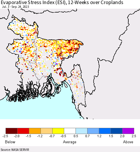 Bangladesh Evaporative Stress Index (ESI), 12-Weeks over Croplands Thematic Map For 9/18/2023 - 9/24/2023