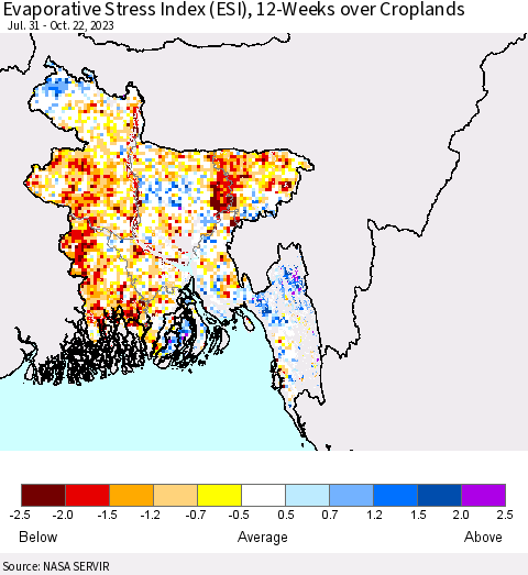 Bangladesh Evaporative Stress Index (ESI), 12-Weeks over Croplands Thematic Map For 10/16/2023 - 10/22/2023