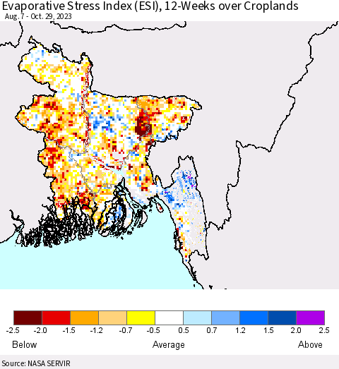 Bangladesh Evaporative Stress Index (ESI), 12-Weeks over Croplands Thematic Map For 10/23/2023 - 10/29/2023