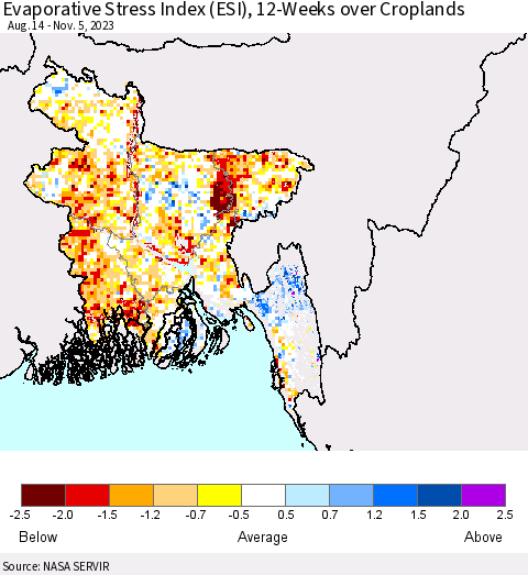 Bangladesh Evaporative Stress Index (ESI), 12-Weeks over Croplands Thematic Map For 10/30/2023 - 11/5/2023