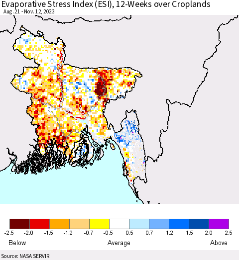 Bangladesh Evaporative Stress Index (ESI), 12-Weeks over Croplands Thematic Map For 11/6/2023 - 11/12/2023