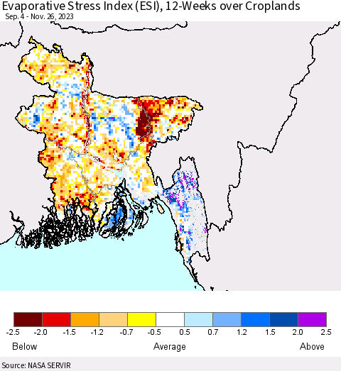 Bangladesh Evaporative Stress Index (ESI), 12-Weeks over Croplands Thematic Map For 11/20/2023 - 11/26/2023
